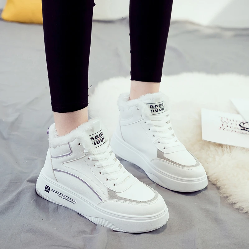 New Winter Platform Women Snow Boots Woman White Warm Plush Thick Bottom Sneakers High Top Flat PU Leather Casual Shoes