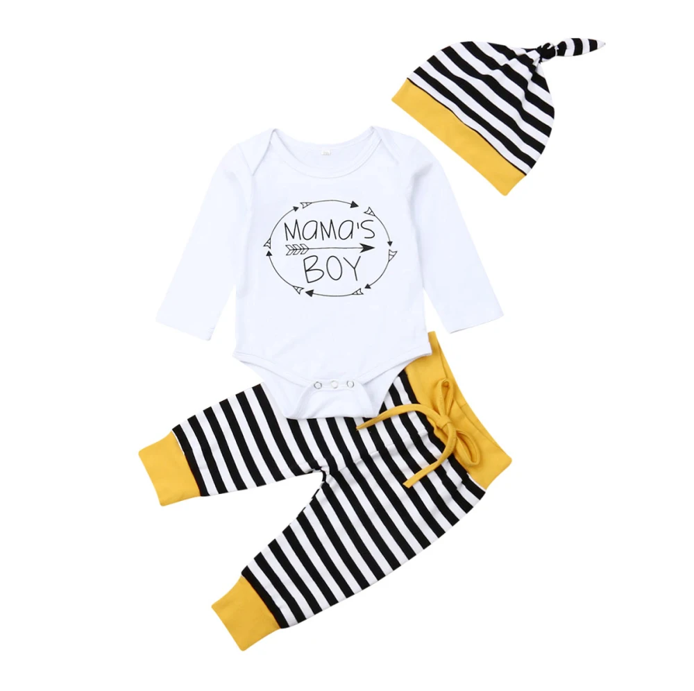 Хлопковый комбинезон с принтом «мама» для новорожденных мальчиков, топы, штаны в полоску, брюки, комплект из 3 предметов, комплект осенней одежды