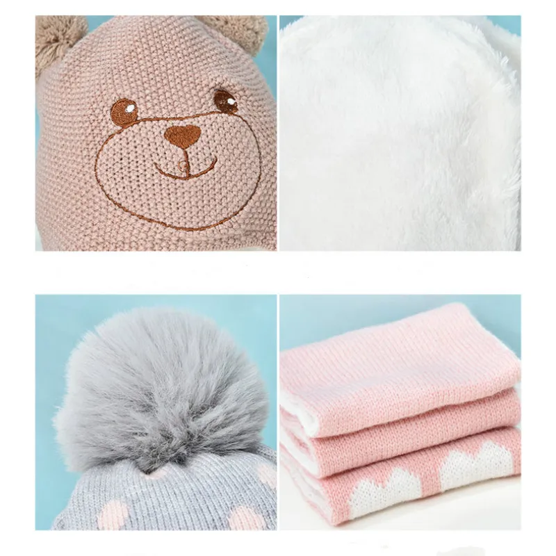 Girls Sweet Two Pieces Hat Scarf Set Cap Children's Hats Baby Boys Caps Fake Ball Pompon Keep Warm Winter Knitted Skullies Kids