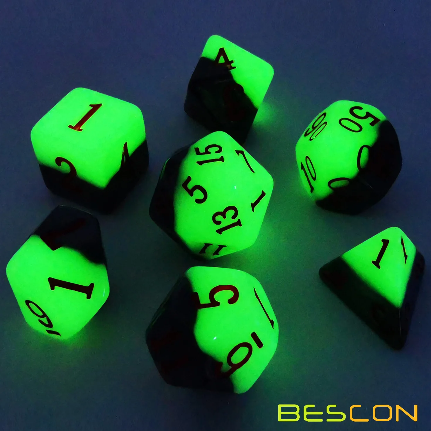 Bescon Two-tone Glowing Polyhedral Dice 7pcs Set Green Dawn, Luminous RPG Dice Set d4 d6 d8 d10 d12 d20 d%, Brick Box Packaging 3