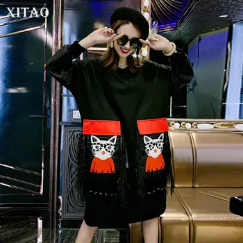 

XITAO Tassel Pattern Dress Fashion New 2020 Spring Elegant Patchwork Pleated Full Sleeve Minority Casual Loose Dress XJ3526