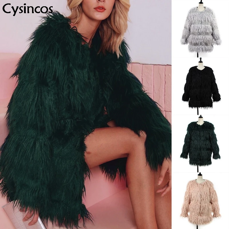 

Cysincos New Women's Shaggy Faux Fur Solid Slim Coats Autumn Winter Warm Long Sleeve Short Jacket Pockets Fashion Casual Coats