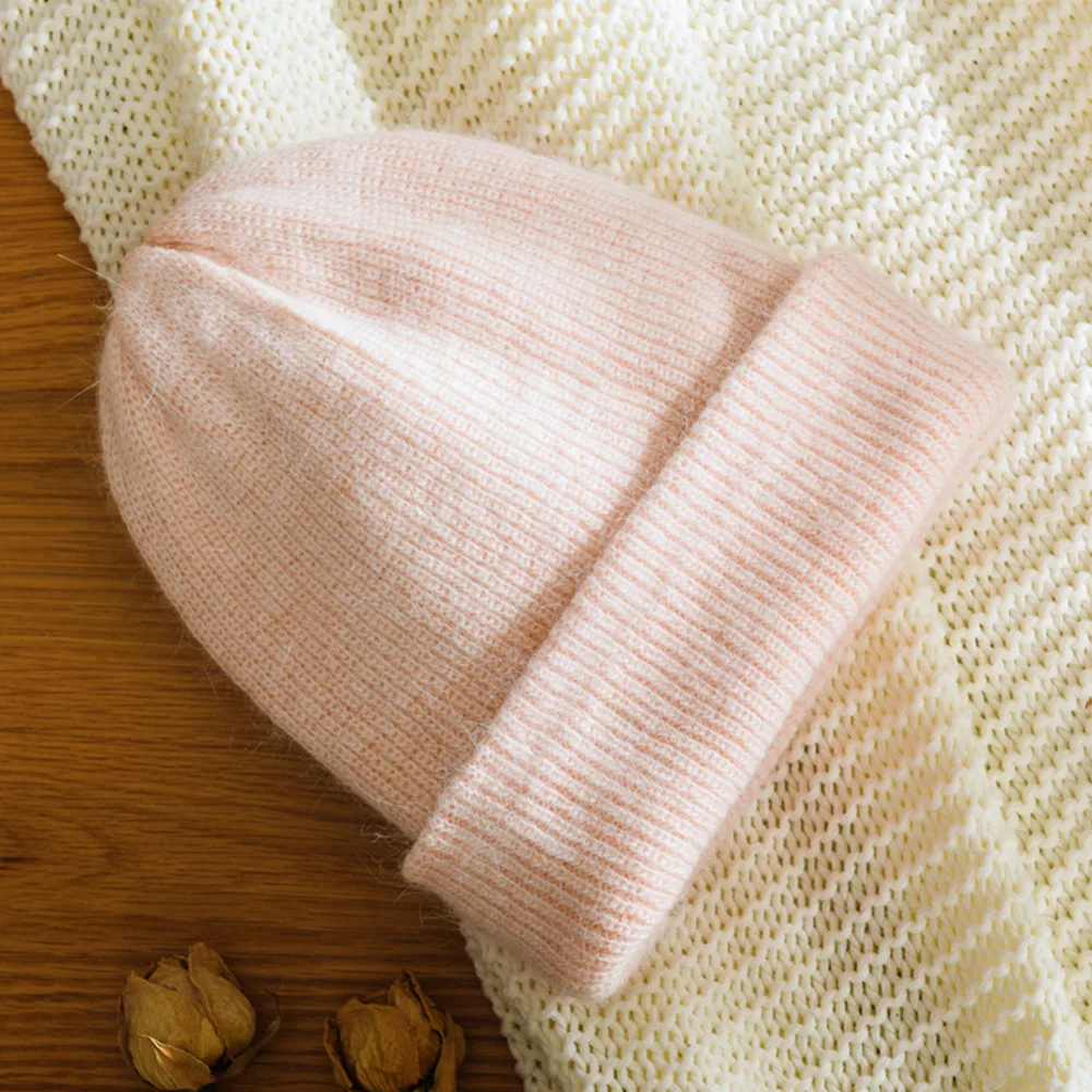 Pink Женские шапки из кроличьей шерсти, зимние шапки для женщин, Теплые повседневные осенние вязаные шапки-бини, шапка, осенняя женская шапка, мягкий шерстяной берет - Цвет: Pink