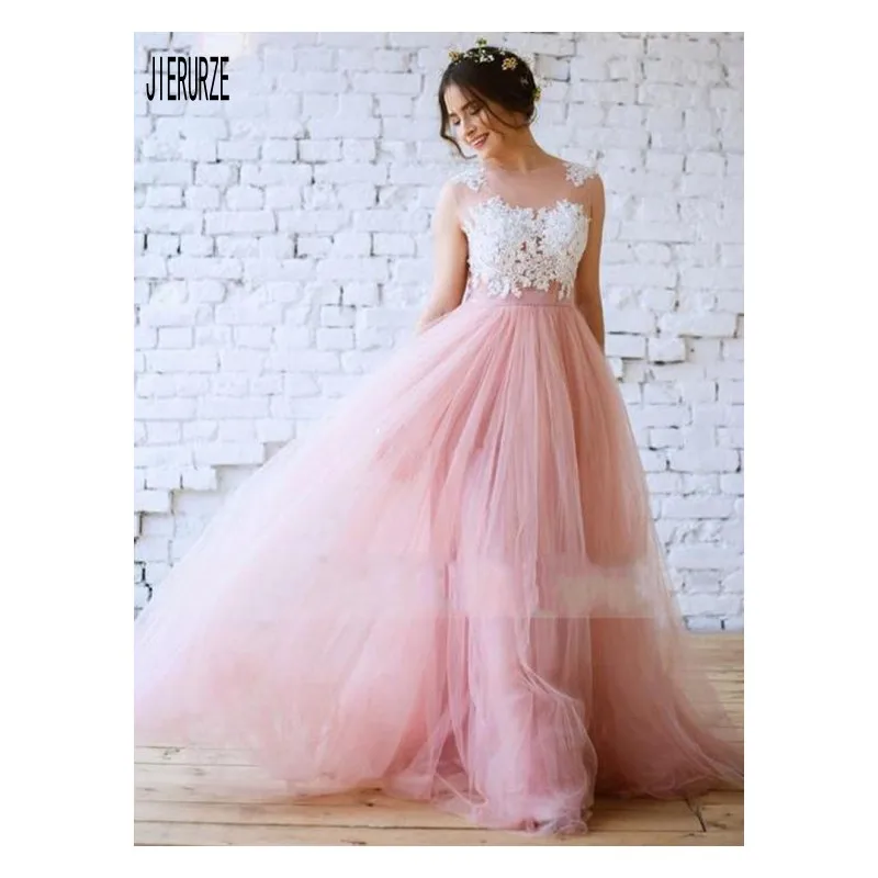 

JIERUIZE Pink Tulle Wedding Gowns Jewel Neck Button Back A Line Boho Bridal Dress Lace Appliques Wedding Dresses
