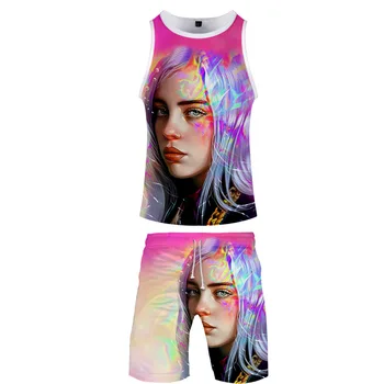

2020 Summer Men Billie Eilish Causal Beach Sleeveless Vest Sleeve Shorts Sweatsuit+Pants Quick-dry Tracksuit Men Sports Suits