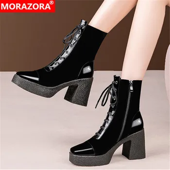 

MORAZORA 2020 New arrival ankle boots fashion lace up high heels boots for woman genuine leather black color ladies shoes