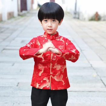 Chinese New Year Jacket Dragon Print Boys Traditional Vintage Tang Suit Kids Satin Kungfu Shirt Full Sleeve Hanfu Clothing