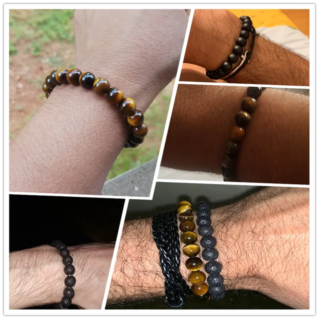 Pulsera de cuentas de piedra de ojo de tigre unisex, brazalete de cuerda trenzada ajustable, roca de Lava Natural, pulseras de equilibrio curativo de Yoga, 8mm