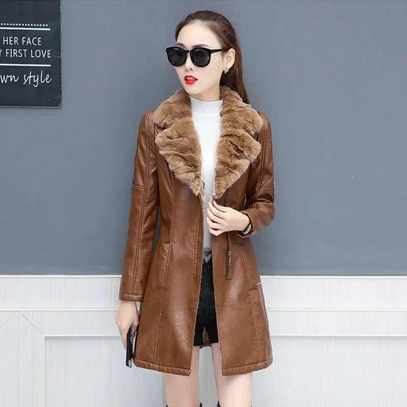

Winter Thick Womens Fur Collar Patchwork PU Leather Jackets Long Sleeve Slim Fit Plus Size Female Medium Length Outerwear Coats