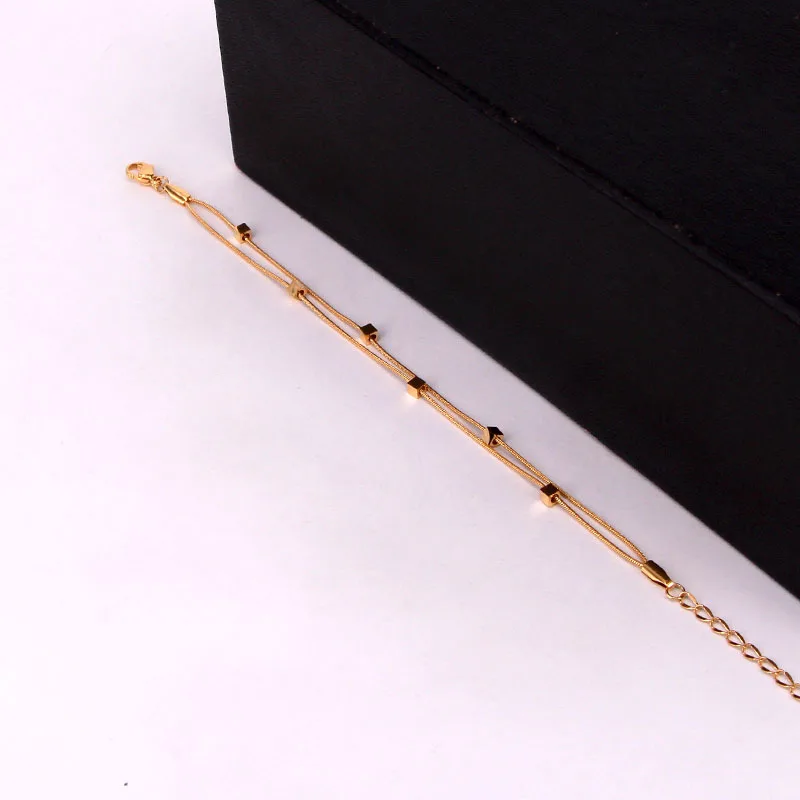 Fashion Square Two Layer Snake Chains 18cm+5cm Adjustable Anklets Women Female Stainless Steel Gold/Silver/Rose Gold Anklets