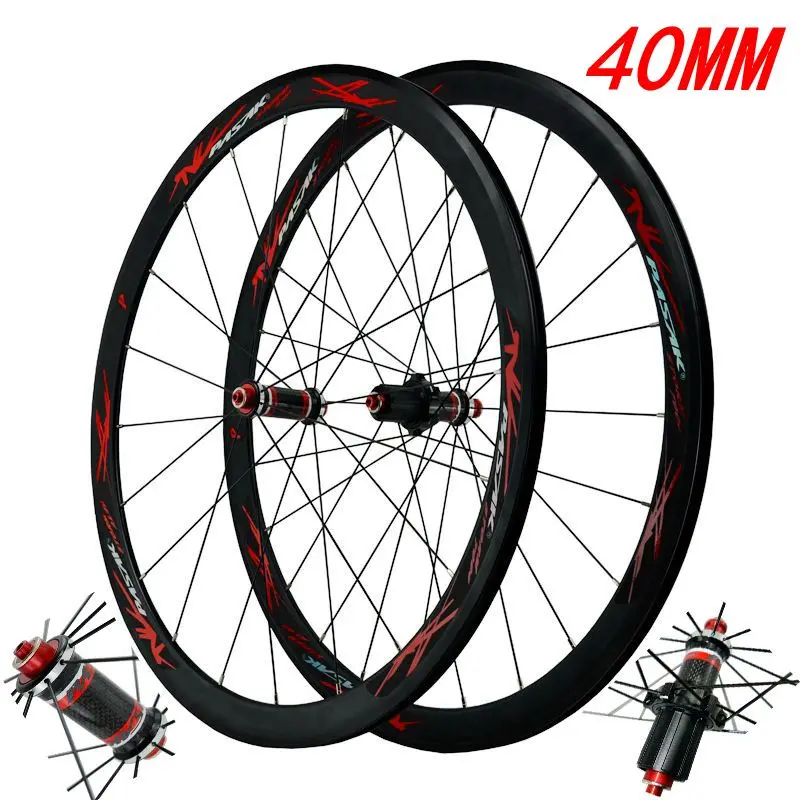 700C колеса из углеродного волокна для шоссейного велосипеда Велосипедное колесо светильник с дисковыми тормозами V/C тормоза Вт, 30 Вт, 40 мм обод прямая открывания консервной банки из нержавеющей стали спиц - Цвет: black hub red 40MM