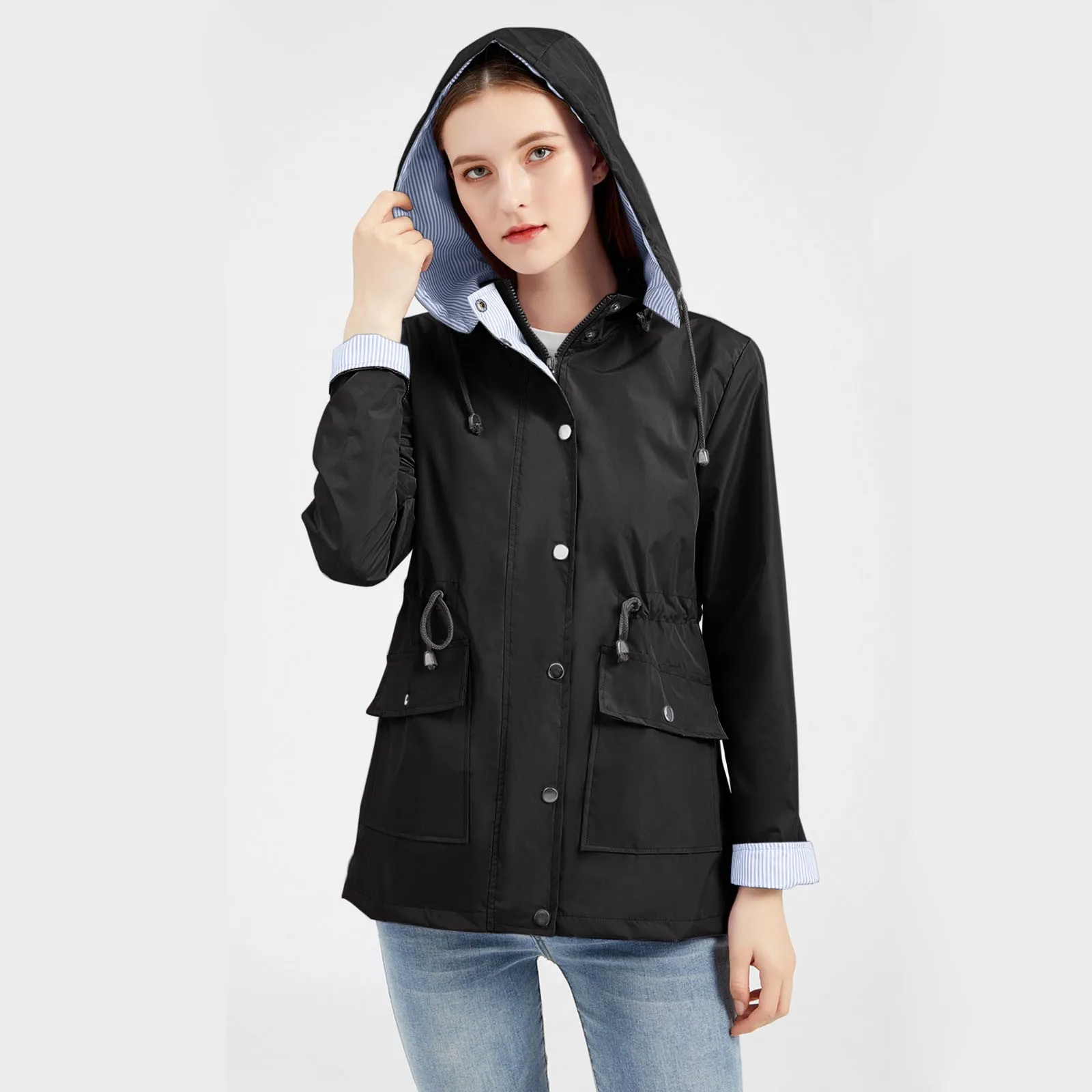 2021 New Spring Autumn Detachable Hooded Trench Outerwear Women Waterproof Cloak Striped inner Coat Casual Windbreaker Overcoat 2