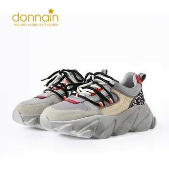 

DONNAIN Cow Suede Fashion Serpentine Genuine Leather Sneakers for Women Multicolor Round Toe Comfortable Lace Up Flat Shoes