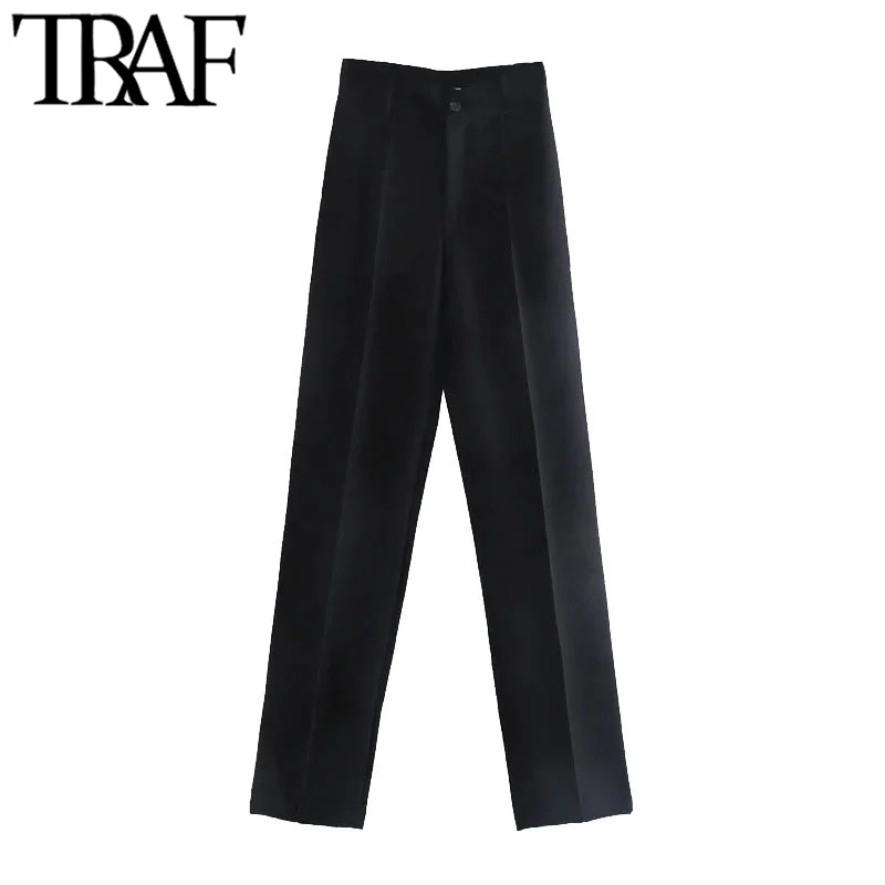 TRAF Women Chic Fashion Office Wear Straight Pants Vintage High Waist Zipper Fly Female Trousers Mujer