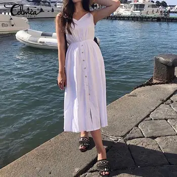 

Sexy Sleeveless Beach Summer Dress Celmia Women Casual Strap Button V Neck White Black Midi Dresses Sundress Female Plus Size 7