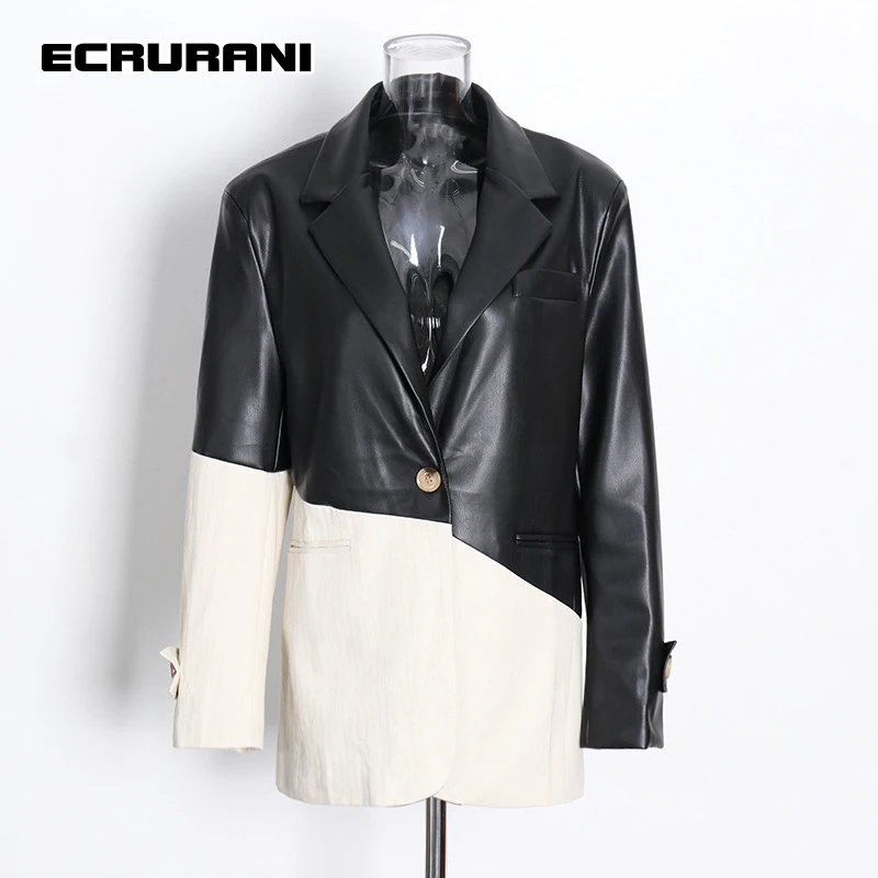 

ECRURANI Patchwork Casual Blazer For Women Notched Long Sleeve Single Breasted Hit Color Blazers Female 2021 Summer New Clothing