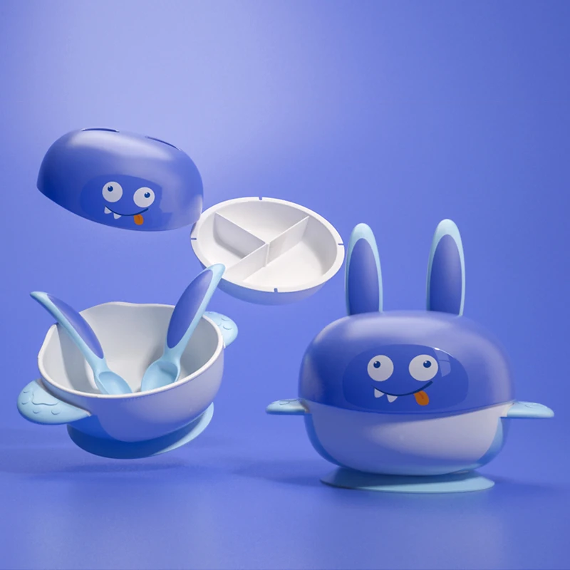 Blue B Миска на присоске с кроликом, детская тарелка, ложка, вилка, контейнер для еды, посуда для детей, Обучающие блюда, BPA бесплатно - Цвет: Blue B
