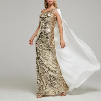 

Shiny Sequin Dress With Beaded Diamond-Encrusted Halter Strap Evening Party Dress With Pure White Tuxedo
