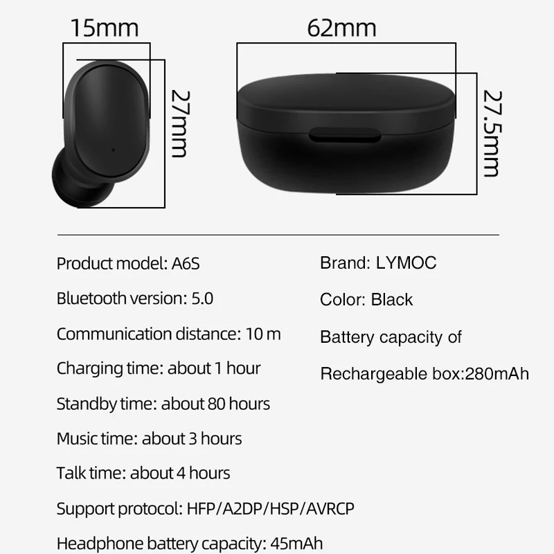 A6S Беспроводной Bluetooth наушники Беспроводной наушники 5,0 наушники-вкладыши TWS Bluetooth гарнитура Шум микрофон с функцией шумоподавления для iPhone huawei для Xiaomi Redmi