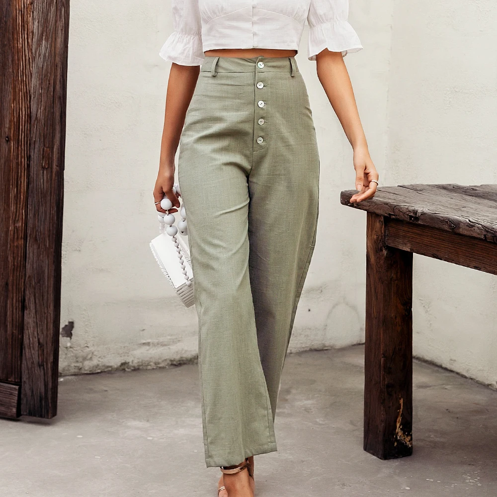 Conmoto high waist casual pants women summer spring solid green trousers high waist green ruffles vintage pants