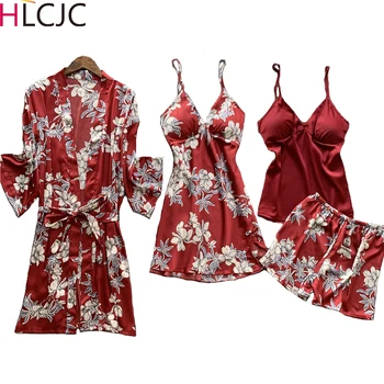 

New 4 Pcs Set Women Silk Sexy Nightdress Robe Suit Long Sleeve Printing Pajamas Woman Satin Pyjamas Women‘s Pijama Home Clothes