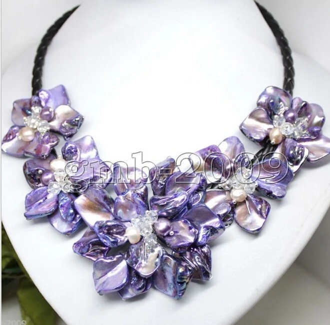 915+8 colorsHand Woven Yellow Shell 5 Flowers Pearl Crystal Black Leather Bib Necklace 18"