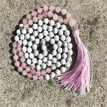 

6mm Howlite Pink crystal 108 Bead Tassels Mala Necklace Veins Healing spirituality Unisex Meditation Chakra MONK energy Hot