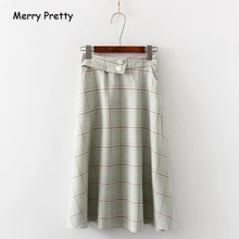 Merry Pretty женские элегантные клетчатые плиссированные юбки Осенние эластичные юбки длиной до колена с карманами на талии Женская повседневная юбка