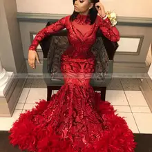 Африканские блестящие красные платья Русалка с блестками для выпускного вечера вечерние платья с длинным рукавом с перьями для черной девушки плюс размер женское вечернее платье