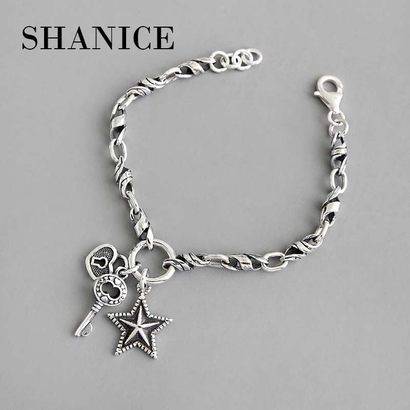 SHANICE INS корейский S925 Серебряный браслет Ретро замок ключ пятиконечная цепочка со звездами женский браслет подарок ювелирные изделия оптом