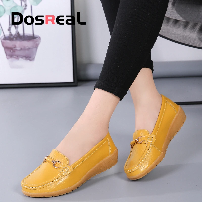 Dosreal Women Cow Leather Loafers Shoes Ladies Metal Buckle Flats Shoes Spring Comfortable Slip on Footwear