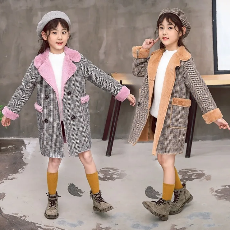 

Autumn And Winter Coat 2019 New Style Girls Thick Long-cut Coat Big Boy Korean-style plus Velvet Plaid Woolen Cloth
