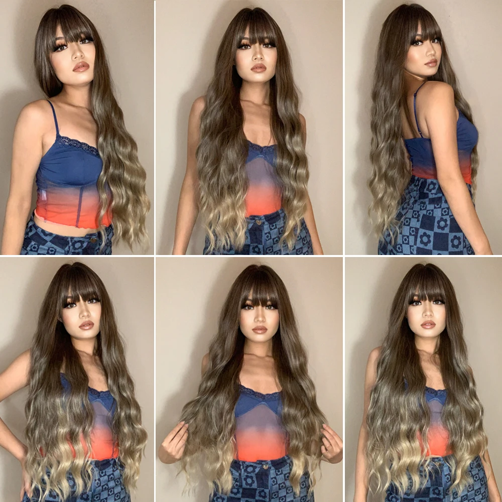 ALAN EATON Long Water Wave Ombre Dark Brown Wigs for Black Women Afro Cosplay Daily Hair Wigs with Bangs High Temperature Fiber