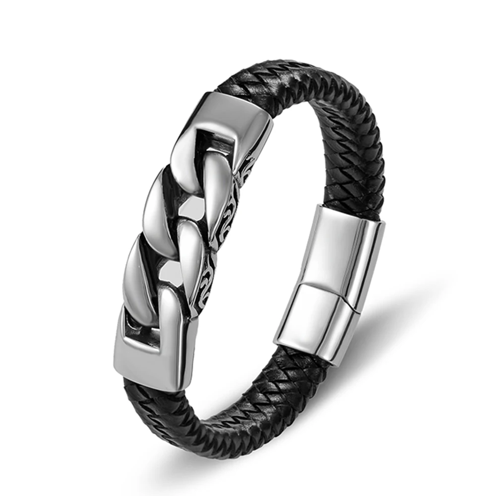 Charm Genuine Leather Black Stainless Steel Magnetic hk Bracelet Men Birthday Gift For boy friend TYO bracelet jewelry