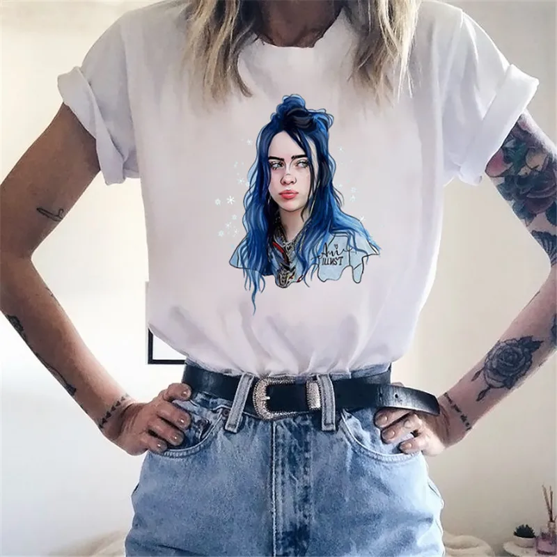 Женская забавная хлопковая Футболка Billie Eilish, унисекс, скейтборд, Рождественская футболка, женская одежда для девочек, уличная футболка - Цвет: as shown the picture