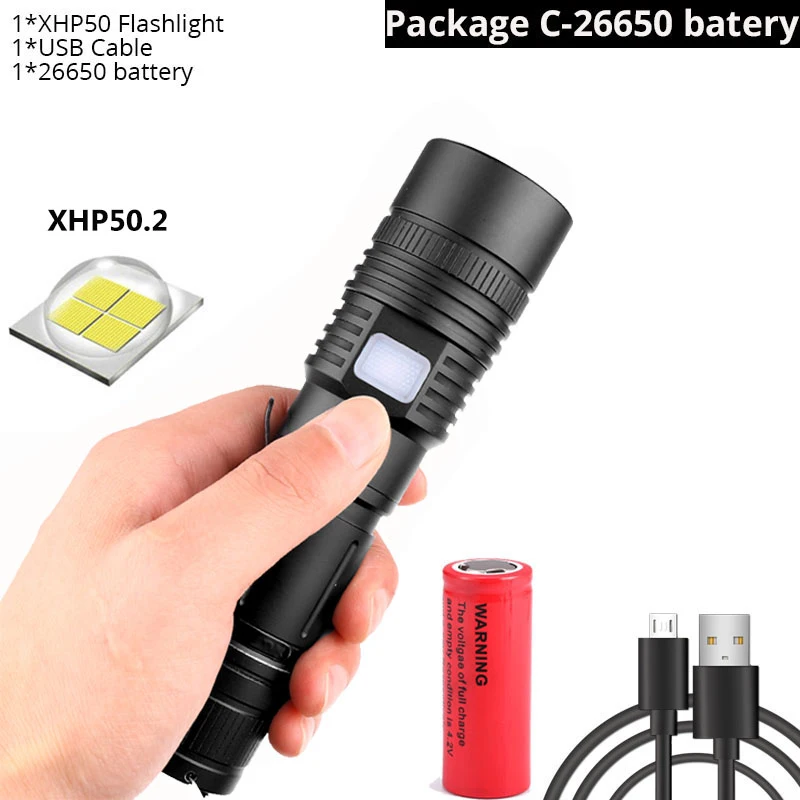 4000лм Xlamp XHP50.2 фонарик с подзарядкой от USB, Ультра мощный фонарь XHP50, светодиодный фонарь с увеличением, с батареей 18650 26650 - Испускаемый цвет: Package C