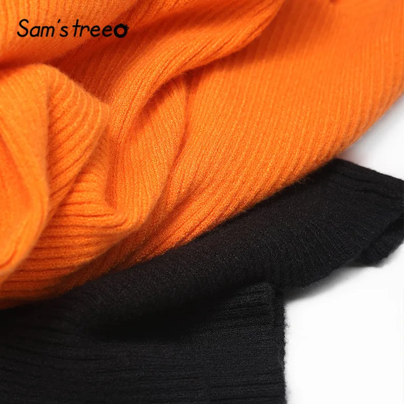 SAM'S TREE Black Solid Zipper Skinny Knitted Pullovers Sweaters Women Autumn Winter Orange High Collar Office Ladies Tops