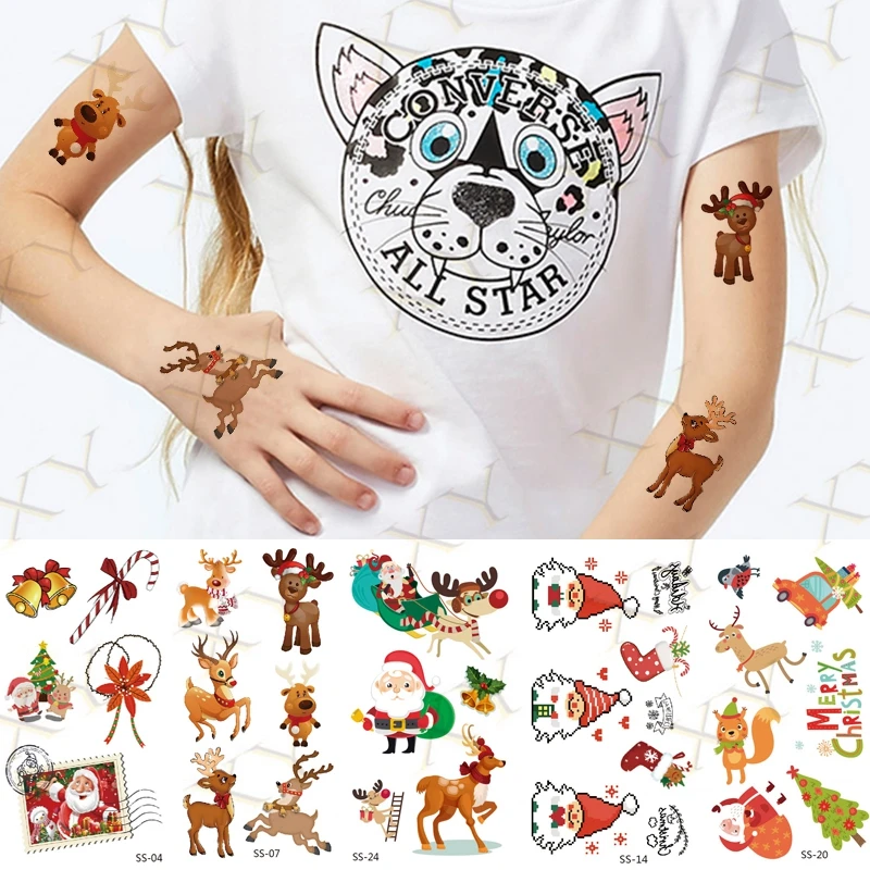 

Christmas Waterproof Temporary Tattoo Stickers Cartoo Elk Tatto Stamp Maple Leaf Body Art Flash Fake Tatoo for Men Women Kids