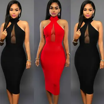 

Hirigin Sexy Women Ladies Solid Halter Mesh Off Shoulder Dress Halter Patchwork Bodycon Evening Party Club Short Pencil Dress