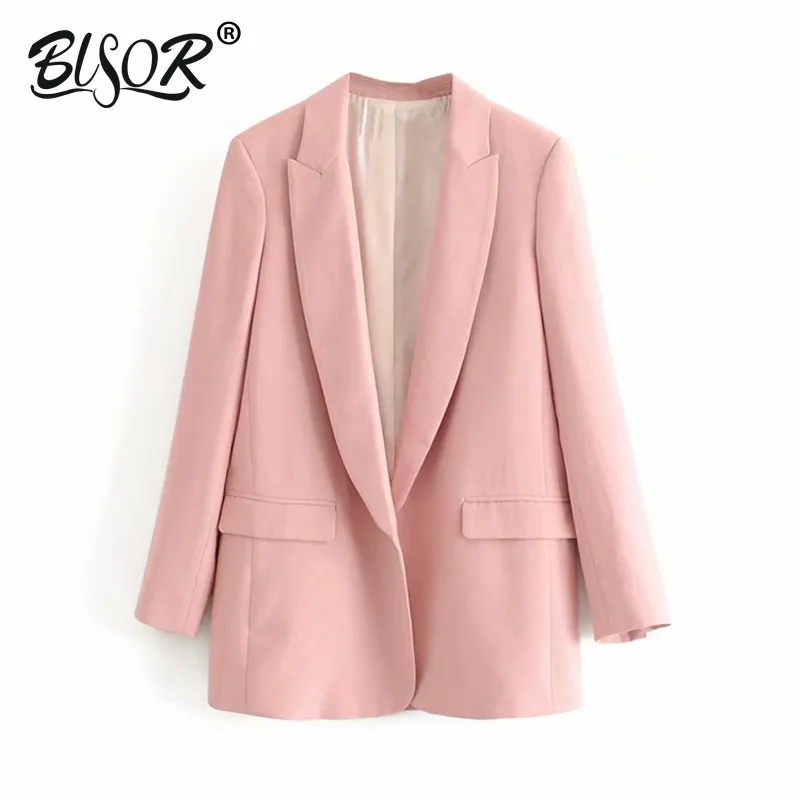 

Women basic solid blazers long sleeve open stitch pockets pink female outwear 2019 autumn elegant jacket coat tops