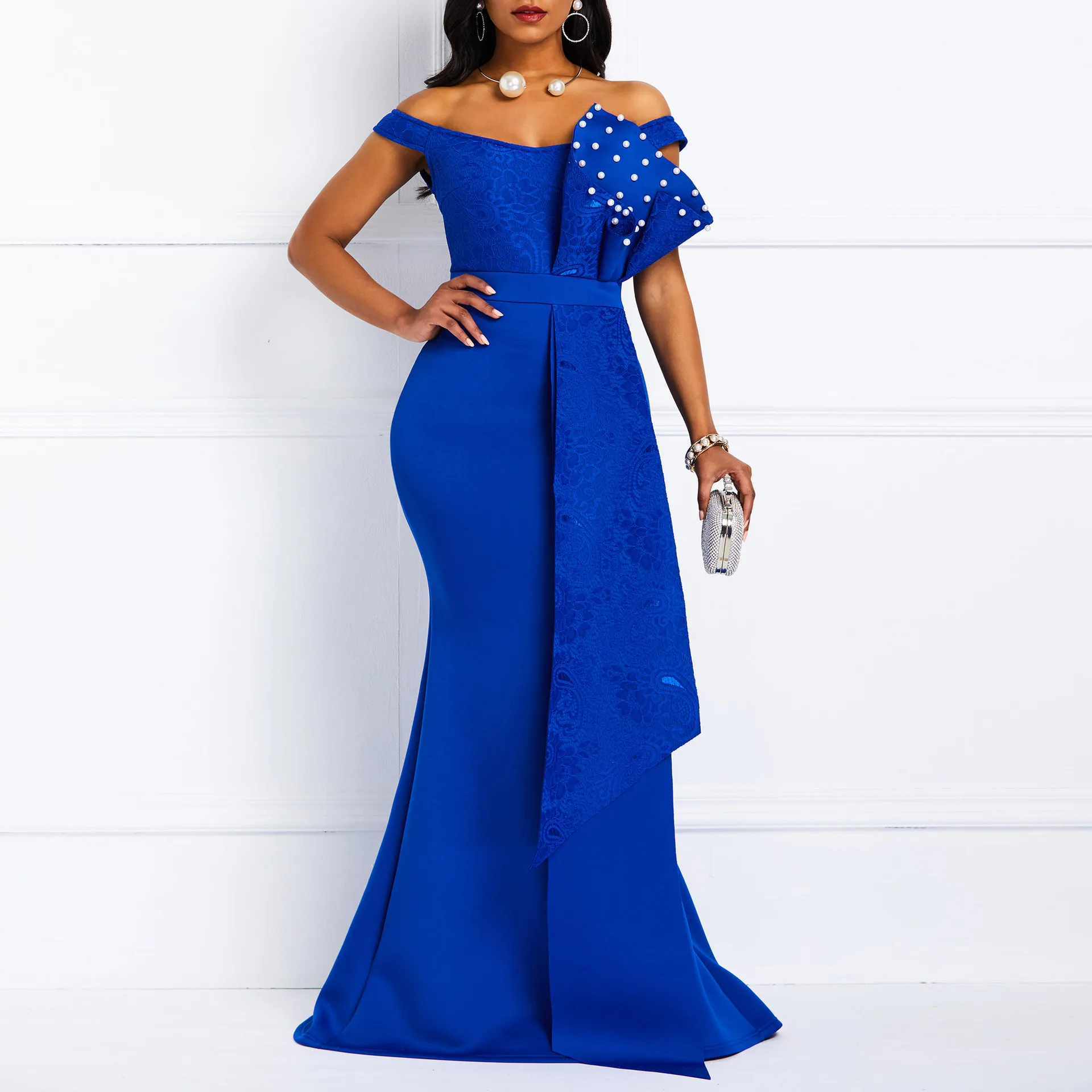 Африканская одежда элегантное праздничное платье с воротником в виде слова космический слой+ кружевной композиционный передний воротник ручной работы в виде листьев лотоса тонкие бусины d - Color: blue