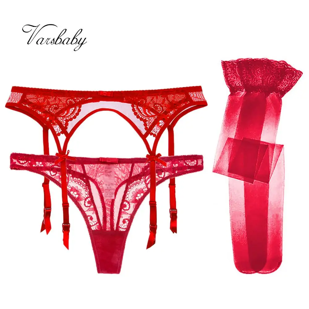 Varsbaby Women's Sexy Red And Black Lace Bow Underwear 3 Pcs/Lots