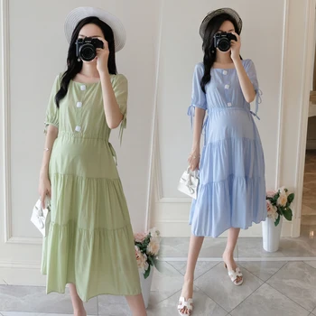 

9011# 2020 Summer Korean Fashion Maternity Party Long Dress Drawstring High Waist Looose Clothes for Pregnant Women Pregnancy