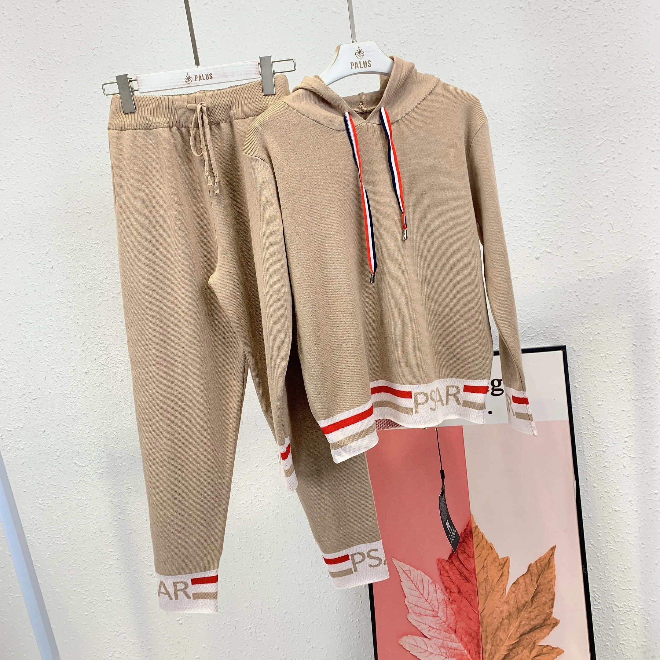 ALPHALMODA Autumn Winter New Hooded Long-sleeved Sweater+ Pants Women 2pcs Casual Tracksuits Striped Letter Pattern Set