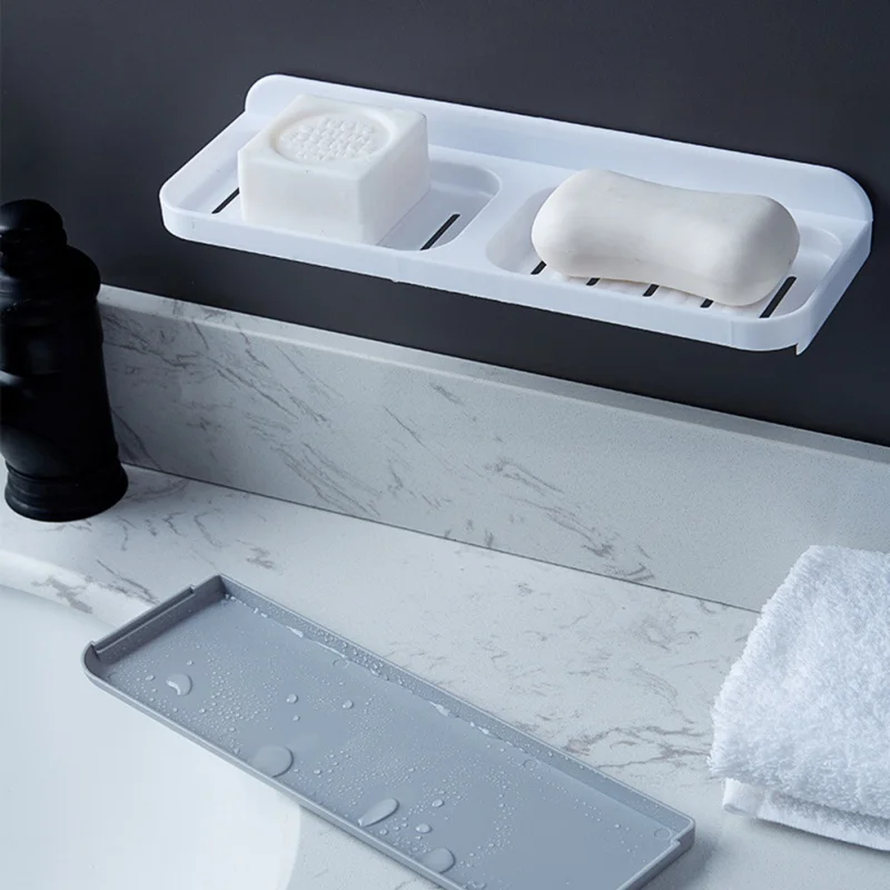 

Wall Mounted Self Adhesive Soap Dishes Soap Sponge Dish No Drilling Storage Rack Double Drain Soap Holder For Bathroom