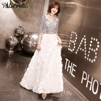

White Evening Gown Long Elegant V-neck A-line Floor-length Sequin Feather Women Formal Gown With Half Sleeve