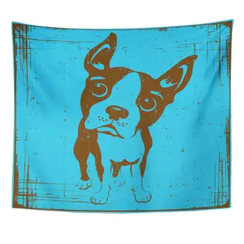 

Breeds Blue Vintage Cartoon of Boston Terrier Dog with Grunge Funny Drawing Front Tapestry Home Decor Wall Hanging for Living
