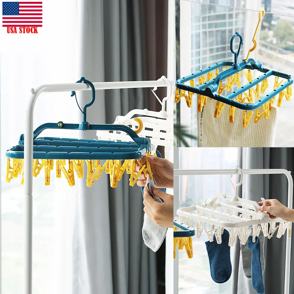 Clip Foldable Underwear Socks Drying Rack Laundry Clothes Hanger Hook S 