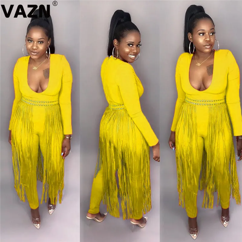 VAZN DAN8196 New Tassel Solid Pencil Bodycon Long Pants Sexy Women Jumpsuits Tide V-Neck Long Sleeve Tracksuits Long Romper