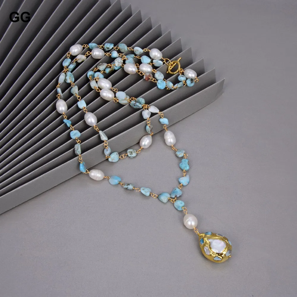 Natural Blue Larimars White Rice freshwater Pearl Statement Necklace